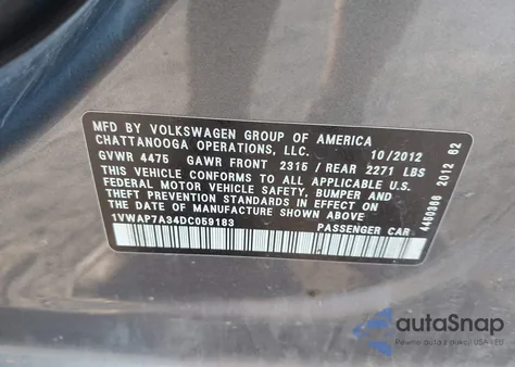 2013 Volkswagen Passat 2.5L S from USA, damaged, VIN 1VWAP7A34DC059183